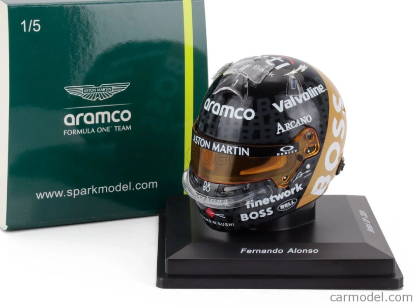 Spark-model Bell helmet Casco Helmet F1 Fernando Alonso Team Aramco Cognizant Aston Martin N 14 British Gp 2024 1:5 Černé Zlato