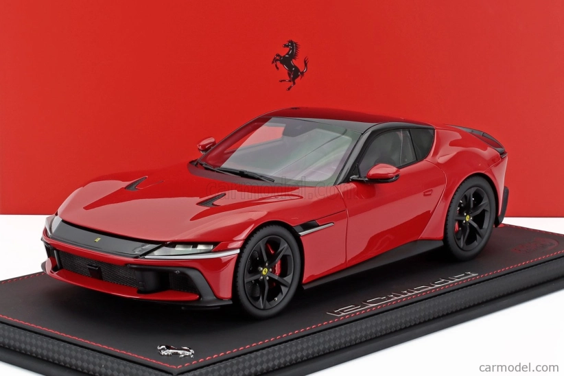 Bbr-models Ferrari 12cilindri V12 830cv Panoramic Roof 2024 - Matt Black Rims - Con Vetrina - With Showcase 1:18 Rosso Corsa - Červená