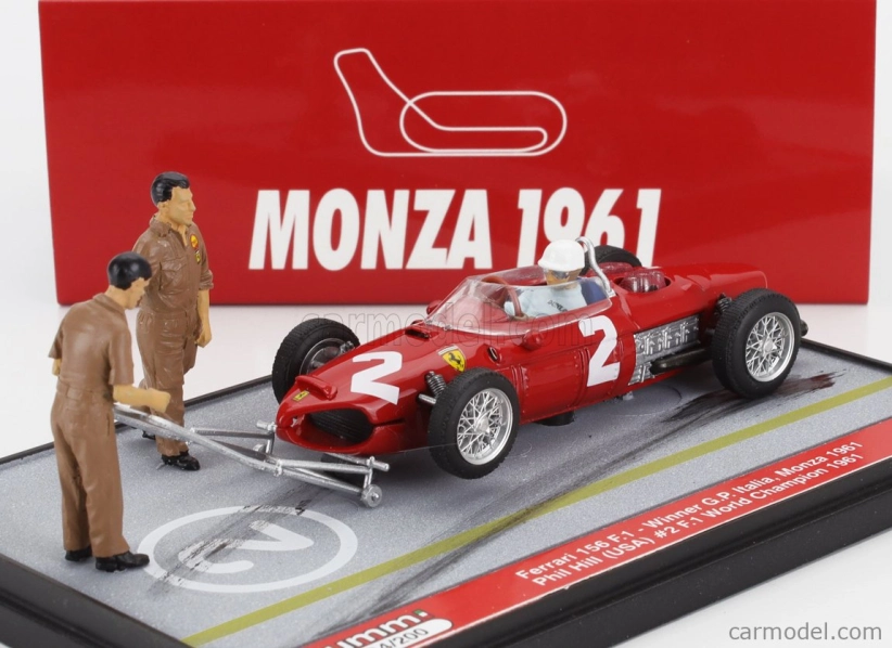 Brumm prom Ferrari F1 Diorama 156 N 2 Víťaz majstrovstiev sveta Taliansko Monza Gp s figúrkami 1961 Phil Hill 1:43 Červená