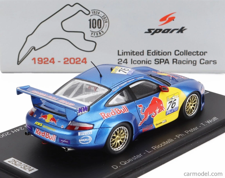 Spark-model Porsche 911 996 Gt3 R Team Rws Motorsport N 76 24h Spa 2002 Luca Riccitelli - Dieter Quester - Philipp Peter - Toto Wolff 1:43 Modrá Žlutá Červená