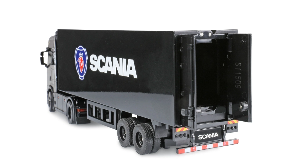 RC licencovaná Scania 730 S s návesom, GYRO, driftovacia, proporcionálny pohon 4x4, 1:64 RTR, čierna