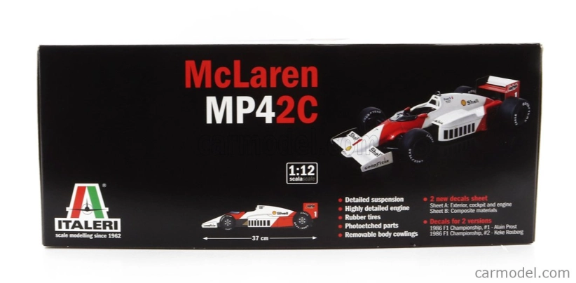 Italeri Mclaren F1 Mp42c N 1 Majster sveta Alain Prost + N 2 Keke Rosberg Sezóna 1986 1:12 Bielo-červená