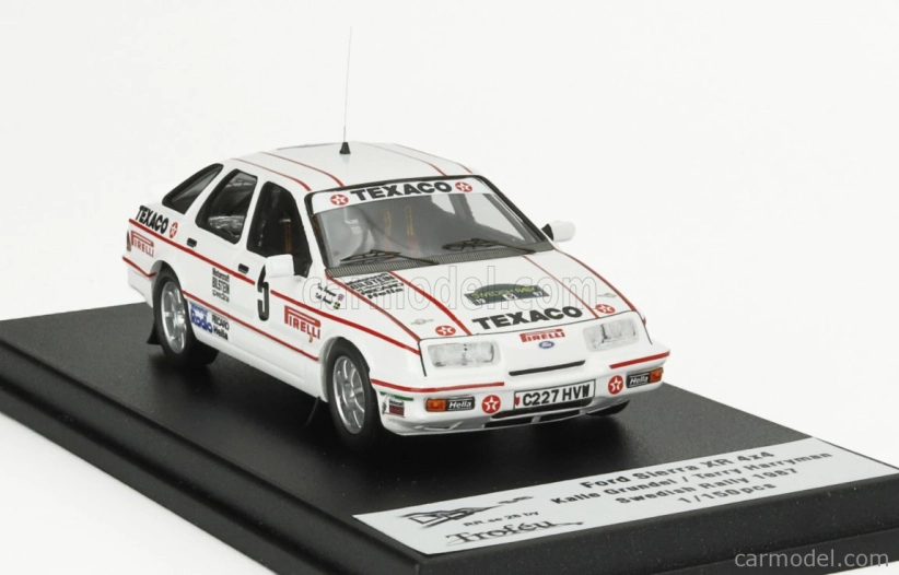 Trofeu Ford england Sierra Xr 4x4 N 5 Rally Švédsko 1987 Kalle Grundel - Terry Harryman 1:43 Biela červená