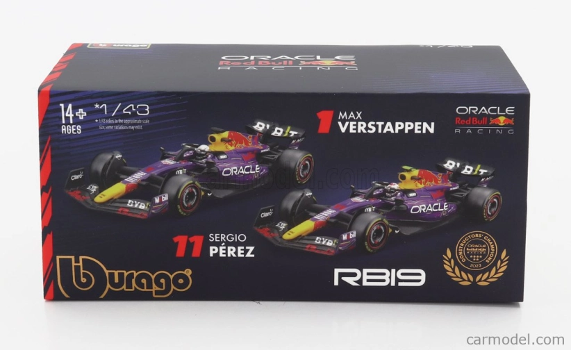 Bburago Red bull F1  Rb19 Team Oracle Red Bull Racing N 11 3rd Las Vegas Usa Gp 2023 Sergio Perez - With Pilot And Showcase 1:43 Fialová Žlutá Červená