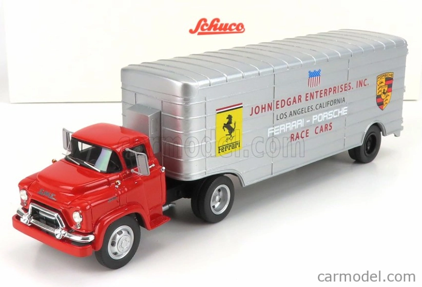 Schuco GMC Truck Car Transporter Team John Edgard Enterprises Inc. Los Angeles California Ferrari - Porsche Race Cars 1950 1:43 Červená Stříbrná