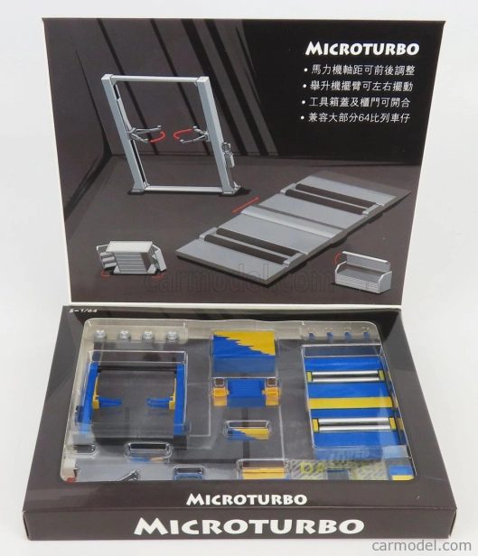 Peako Accessories Set Officina E Revisioni Microturbo - Ponte Sollevatore Auto - Twin Post Lift 1:64 Modrá Žlutá