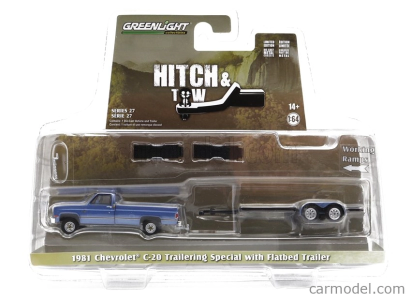 Greenlight Chevrolet C-20 Pick-up 1981 With Trailer Car Transporter 1:64 Blue Met