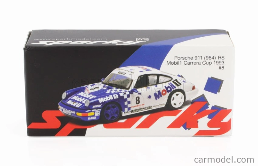 Spark-model Porsche 911 964 Rs Mobil1 N 8 Porsche Carrera Cup 1993 1:64 modrá biela