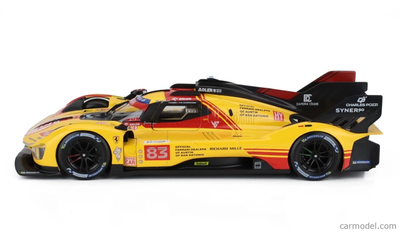 Bburago Ferrari 499p 3.0l Turbo V6 Team Af Corse N 83 24h Le Mans 2024 Robert Kubica – Robert Shwartzman – Yifei Ye 1:18 žltá červená