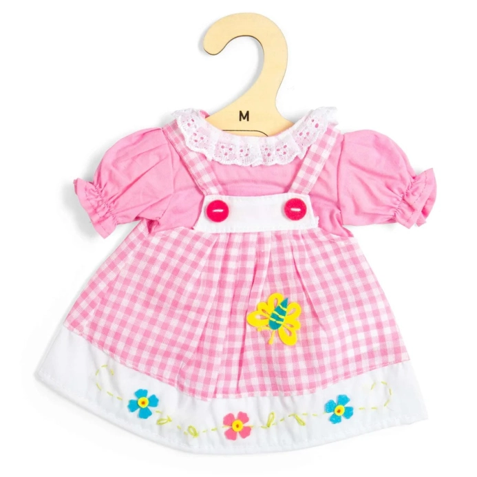 Bigjigs Toys Ružové kárované šaty s trakmi pre bábiku 34 cm