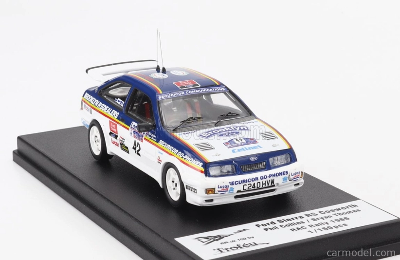 Trofeu Ford england Sierra Rs Cosworth N 42 Rally Rac Lombard 1986 Phil Collins - Bryan Thomas 1:43 Modrá biela