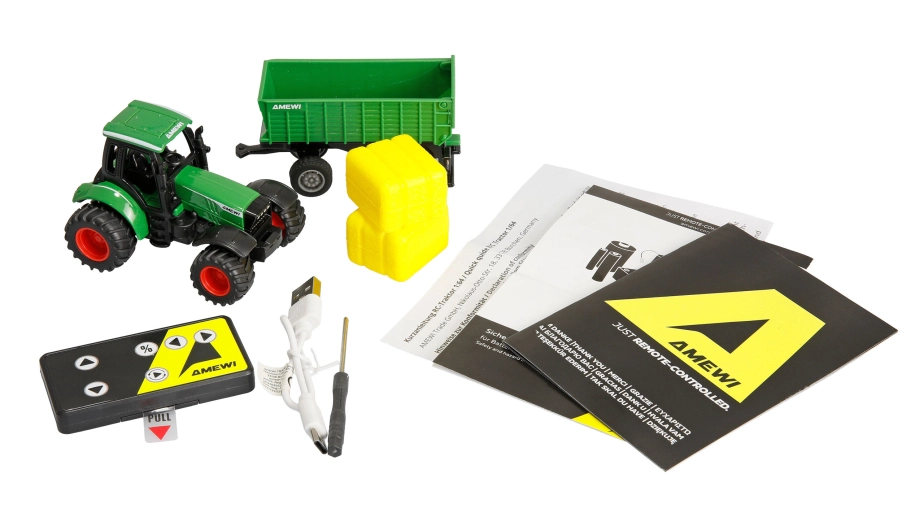 Kovový RC traktor s prívesom 1:64 RTR zelený, 3 rýchlostné stupne, LED svetlá