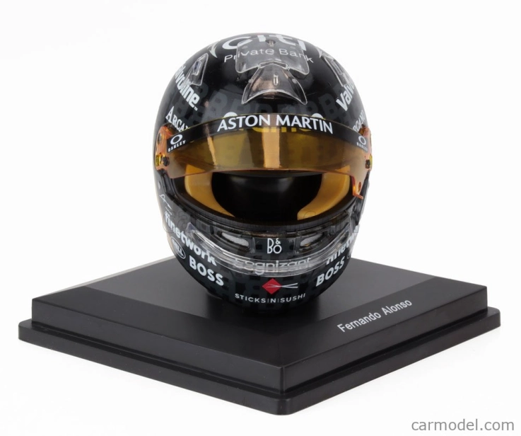 Spark-model Bell helmet Casco Helmet F1 Fernando Alonso Team Aramco Cognizant Aston Martin N 14 British Gp 2024 1:5 Černé Zlato