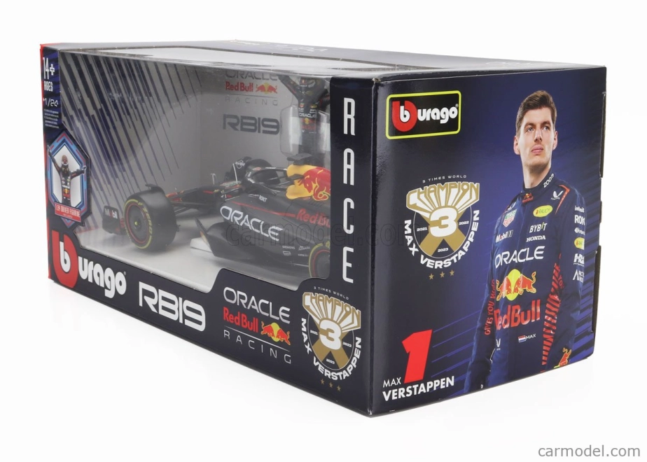 ROZBALENO-Bburago Red bull F1 Rb19 Team Oracle Red Bull Racing N 1 World Champion Season 2023 Max Verstappen 1:24 Matná Modrá Žlutá Červená