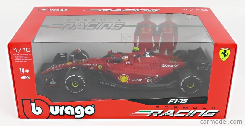 Bburago Ferrari F1-75 Scuderia Ferrari N 55 Season 2022 Carlos Sainz 1:18, červená
