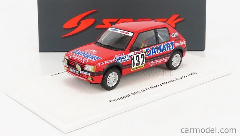Spark-model Peugeot 205 1.6 Gti N 132 Rally Montecarlo 1986 Francois Delecour - Anne Chantal Pauwels 1:43 Červená