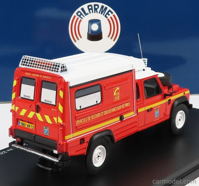 Alarme Land rover Defender 130 Pick-up Closed Vsab Tt Bmpm Sapeurs Pompiers Vehicule De Secours Et D'assistance Aux Victimes 1986 1:43 Red White