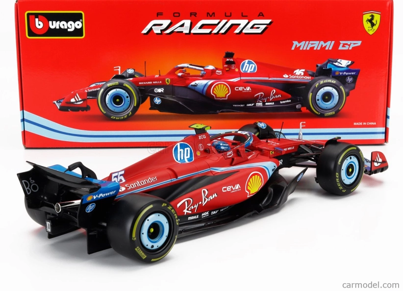 Bburago Ferrari F1  Sf-24 Team Scuderia Ferrari N 55 5th Miami Gp 2024 Carlos Sainz 1:18 Červená Černá Světle Modrá