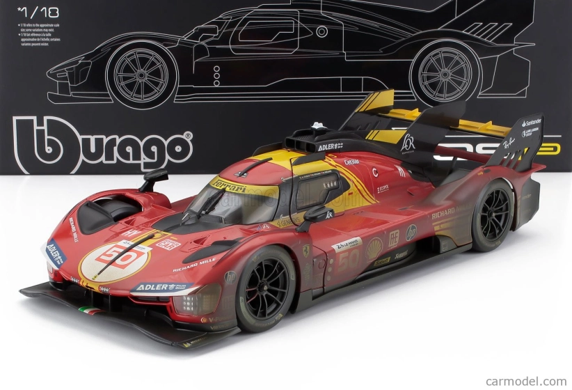 Bburago Ferrari With Showcase - 499p 3.0l Turbo V6 Team Ferrari Af Corse N 50 Winner 24h Le Mans (after Race Version) 2024 Antonio Fuoco - Miguel Molina - Nicklas Nielsen 1:18 Red