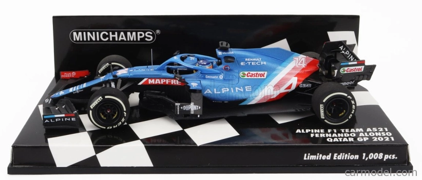 Minichamps Renault F1 A521 Renault E-tech 20b Team Alpine N 14 3. GP Kataru 2021 Fernando Alonso 1:43 Modrá červená biela