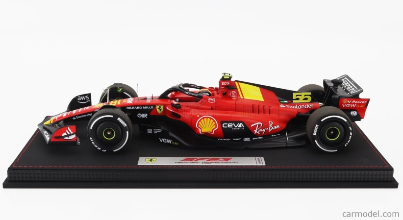 Bbr-models Ferrari F1  Sf-23 Team Scuderia Ferrari N 55 Pole Position 3rd Monza Italy Gp 2023 Carlos Sainz - Con Vetrina - With Showcase 1:18 Červená Černá Žlutá