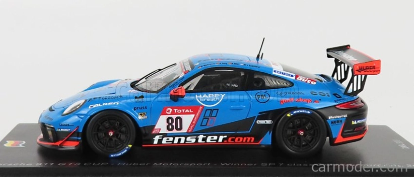 Spark-model Porsche 911 991-2 Gt3 Cup Team Huber Motorsport N 80 Winner Sp7 Class 24h Nurburgring 2021 H.wehrmann - U.berg - M.van Ramshorst - A.mies 1:43 Modrá Černá