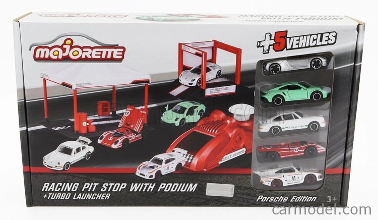 Majorette Porsche Set Area Service Canopy + Podio Podium + Lanciatore + 5x Porsche 1:64 Různé