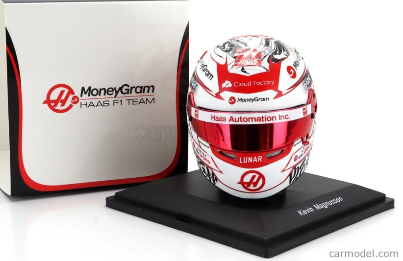Spark-model Bell helmet F1  Casco Helmet Haas Vf-23 Team Moneygram Haas N 20 Singapore Gp 2023 Kevin Magnussen 1:5 Bílá Červená