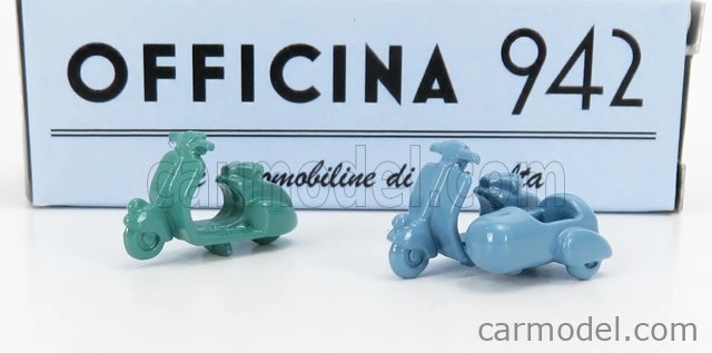 Officina-942 Piaggio Set 2x Vespa 98 + Vespa 98 Sidecar 1946 1:76 zelená svetlo modrá