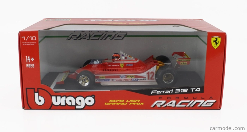 Bburago Ferrari F1  312t4 N 12 Winner Watkins Glen Gp Usa (with Pilot Figure And Rain Wheels) 1979 Gilles Villeneuve 1:18 Red
