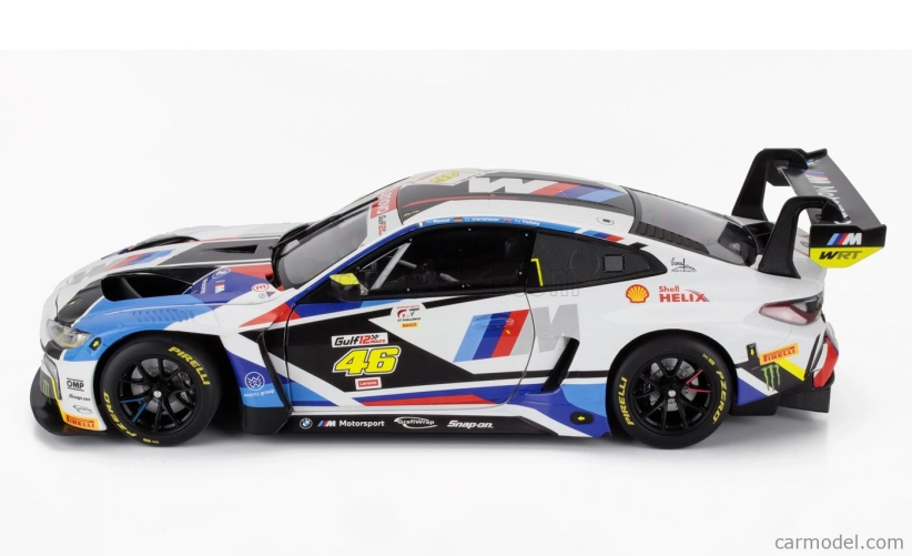 Minichamps BMW 4-series M4 Gt3 Team Wrt N 46 Gulf 12h Abu Dhabi 2023 Valentino Rossi - Nick Yelloy - Dries Vanthoor 1:18 Bílá Černá Modrá