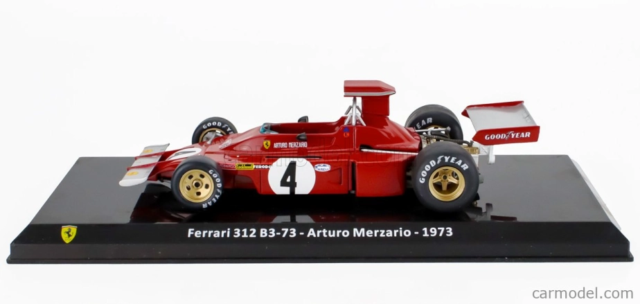 ROZBALENÉ – Edicola Ferrari F1 312 B3 N 4 sezóna 1973 Arturo Merzario – s vitrínou – 1:24 červená