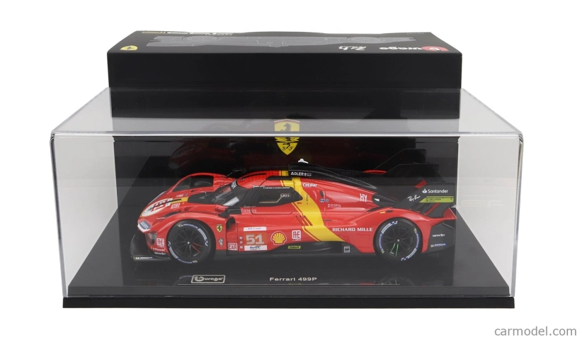 Bburago Ferrari 499p 3.0l Turbo V6 Team Ferrari Af Corse N 51 Winner 24h Le Mans 2023 Alessandro Pier Guidi - James Calado - Antonio Giovinazzi - With Showcase - Exclusive Carmodel 1:18 Červená Žlutá Černá