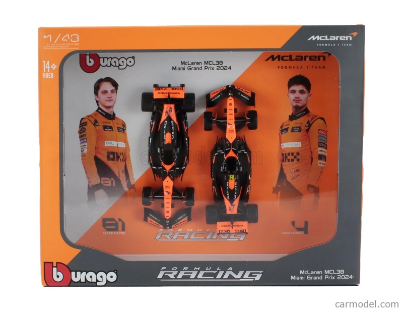 Bburago Mclaren F1 Set 2x Mcl38 Team Mclaren N 4 Winner Miami Gp 2024 Prvé víťazstvo F1 Lando Norris + N 81 Oscar Piastri 1:43 Orange Black