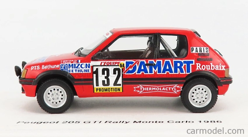 Spark-model Peugeot 205 1.6 Gti N 132 Rally Montecarlo 1986 Francois Delecour - Anne Chantal Pauwels 1:43 Červená