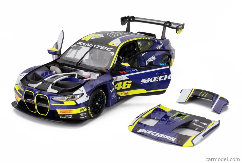 Minichamps BMW radu 4 M4 Gt3 Team Wrt N 46 4h Le Castellet 2024 Valentino Rossi - Maxime Martin - Raffaele Marciello 1:18 Modrá Žltá Čierna
