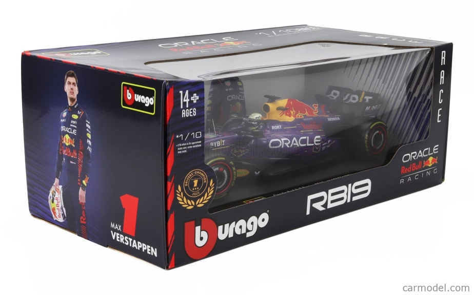ROZBALENO - Bburago Red bull F1 Rb19 Team Oracle Red Bull Racing N 1 World Champion Winner Las Vegas Usa Gp 2023 Max Verstappen 1:18 Fialová Žlutá Červená
