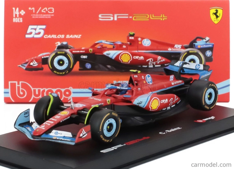 Bburago Ferrari F1 Sf-24 Team Scuderia Ferrari N 55 5th Miami Gp 2024 Carlos Sainz – With Pilot And Showcase 1:43 červená čierna svetlomodrá