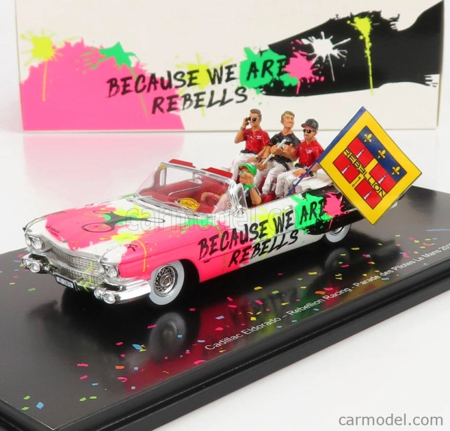 Spark-model Cadillac Eldorado Biarritz Cabriolet 1959 - Parade Des Pilotes Team Rebellion Racing 24h Le Mans 2019 T.laurent - G.menezes - N.berthon 1:43 Biela Ružová Čierna