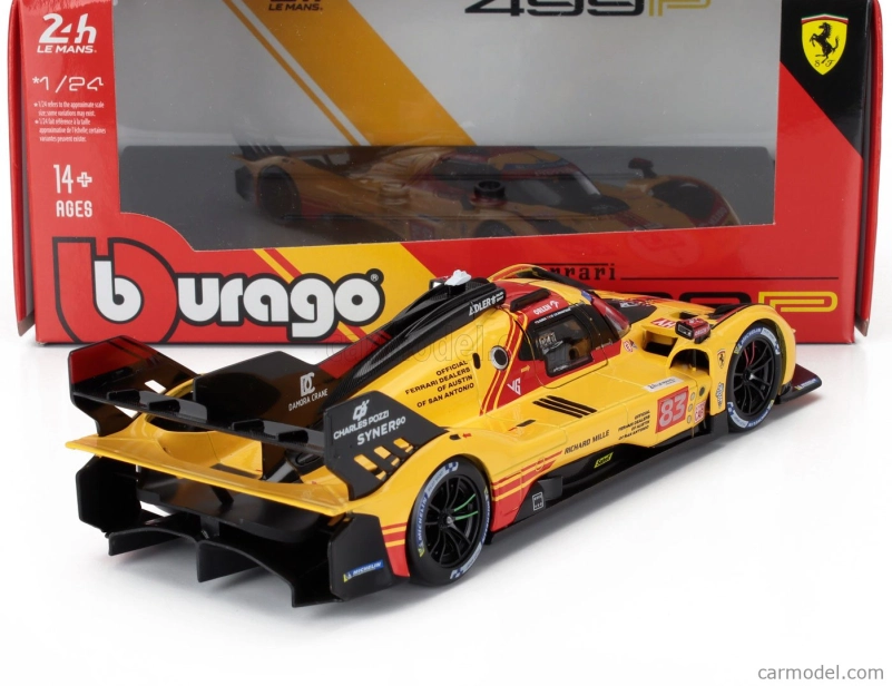 Bburago Ferrari 499p 3.0l Turbo V6 Team Af Corse N 83 24h Le Mans 2024 Robert Kubica – Robert Shwartzman – Yifei Ye 1:24 žltá červená