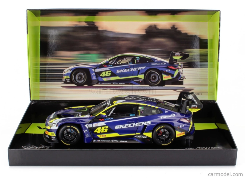 Minichamps BMW radu 4 M4 Gt3 Team Wrt N 46 4h Le Castellet 2024 Valentino Rossi - Maxime Martin - Raffaele Marciello 1:18 Modrá Žltá Čierna
