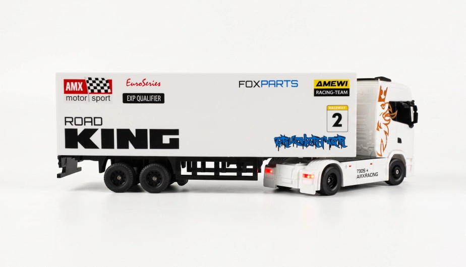 RC licencovaná Scania 730 S s návesom, GYRO, driftovacia, proporcionálny pohon 4x4, 1:64 RTR, biela