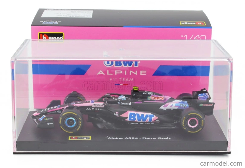 Bburago Alpine F1  A524 Team Bwt Alpine N 10 Season 2024 Pierre Gasly - With Pilot And Showcase 1:43 Černá Modrá Růžová