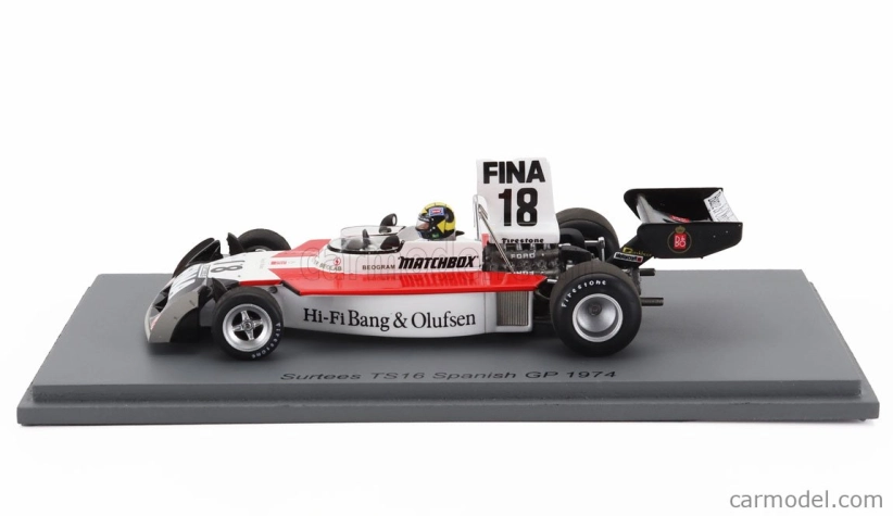 Spark-model Surtees F1 Ts16 N 18 Spanish Gp 1974 Carlos Pace 1:43 Biela červená čierna