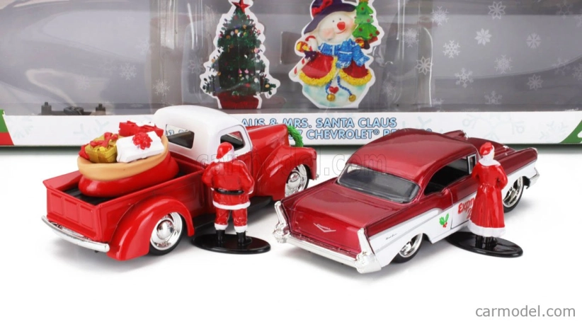 Jada Ford usa Set Holiday Rides 2022 - Pick-up 1941 s Chevroletom Bel Air 1957 so Santa Clausom (Babbo Natale) a pani Santa Clausovou figúrkami 1:32 červená s bielou