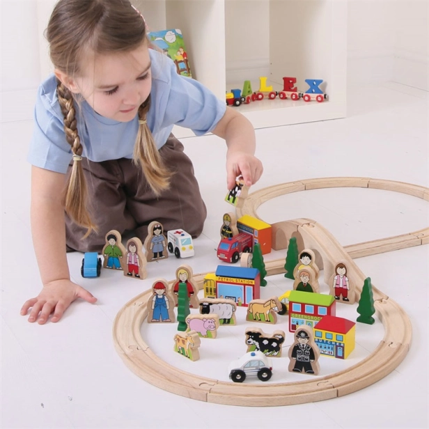 Bigjigs Rail Veľká sada drevených doplnkov k vláčikovej dráhe