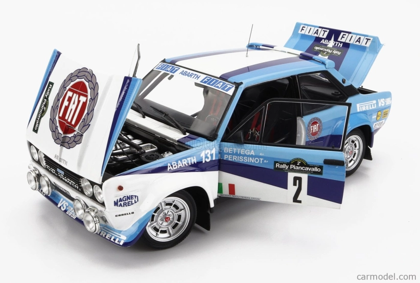 Kyosho Fiat 131 Abarth N 2 Winner Rally Piancavallo 1981 1:18, bílomodrá