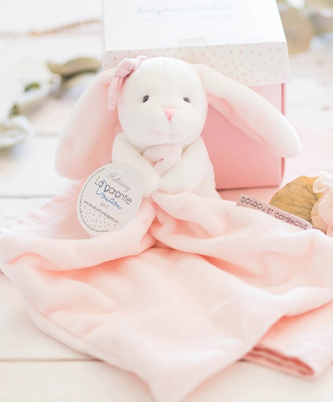 Doudou Dárková sada růžová - králíček s muchláčkem 10 cm
