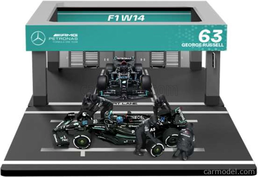 Bburago Mercedes gp F1 W14 Eq Performance Diorama Garage Pit-stop Team Amg Petronas Motorsport N 63 Season 2023 George Russell With Crew Figure And Accessories 1:43 Černá Stříbrná Zelená