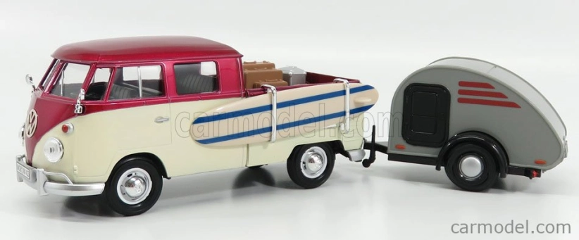 Motor-max Volkswagen T1 Type 2 Double Cabine With Trailer 1962 1:24 Červený Krém